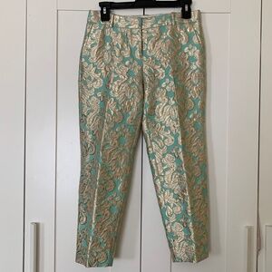 J. Crew Turquoise and Gold Brocade Pants